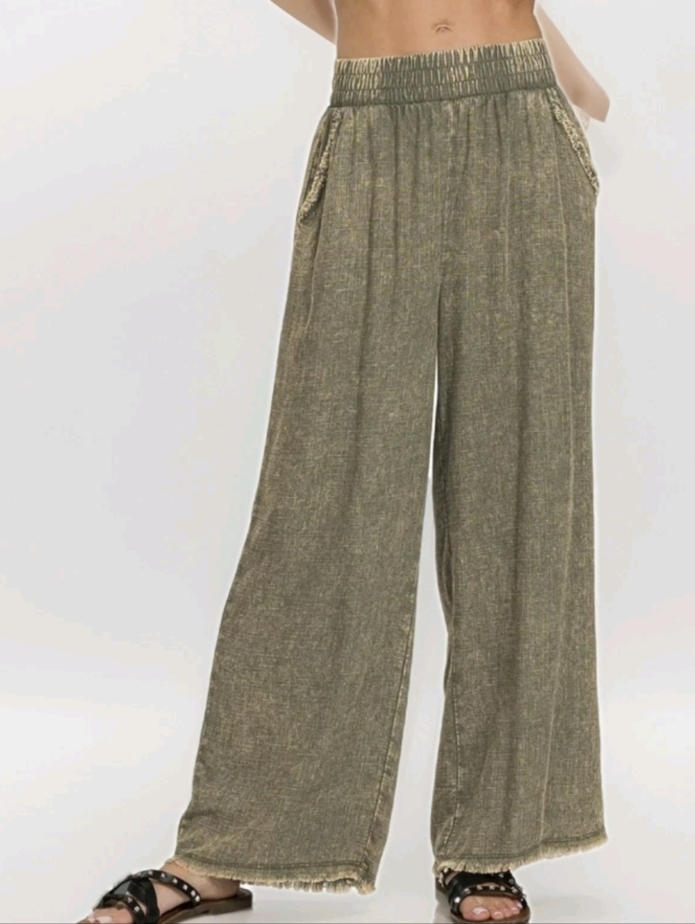 Zenana Linen Blend Wide Leg Pants Sunwashed Distressed Olive Green Boho Size XL